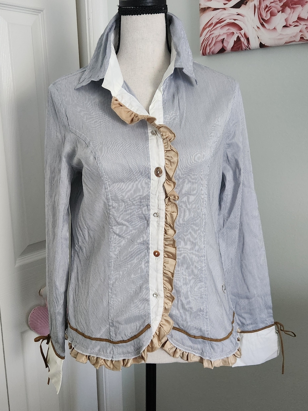 Light Blue Striped Ruffle-Trim Shirt with Beige Accents- Made In Italy- Dismero